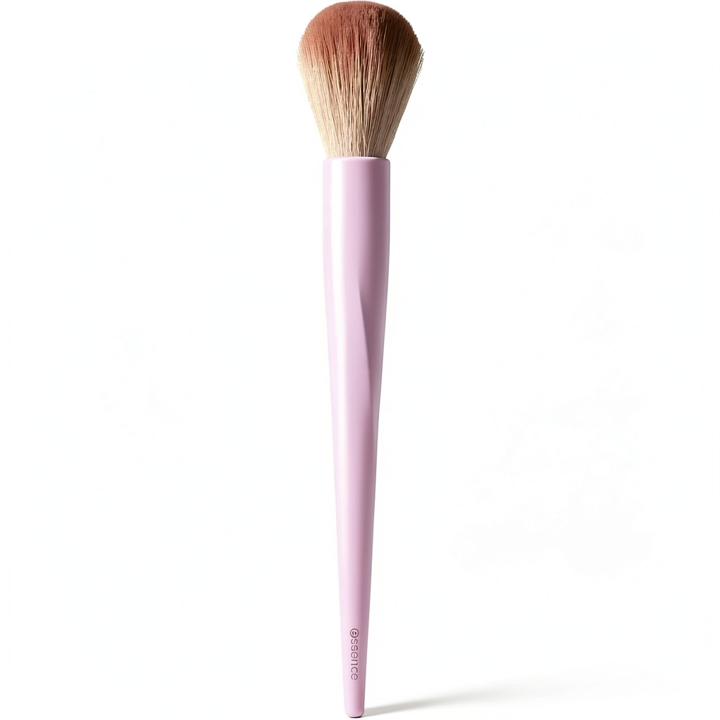 Essence Blush Highlighter Brush Eco Soft Touch being held on a marble vanity with makeup products spread around